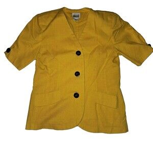 Vintage Short Sleeve Button Up Blazer Yellow Big Buttons Size 12 Petite Retro